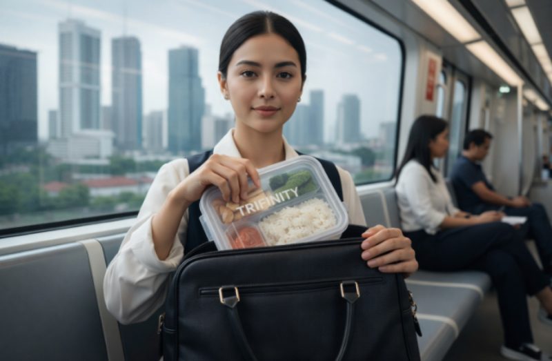 Makan siang di kantor jadi lebih simpel dan aman! 🍱 MRT atau KRL bukan masalah lagi karena wadah Trifinity punya tutup super rapat dan desain yang pas digenggam. Tinggal masuk microwave, makanan hangat siap santap.